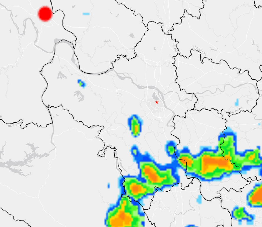 WARNING: Rain showers and thunderstorms in downtown Hanoi for the next 30 minutes to 4 hours. 1 Warning: Rain and Thunderstorms in Hanoi's Inner City from 30 Minutes to 4 Hours