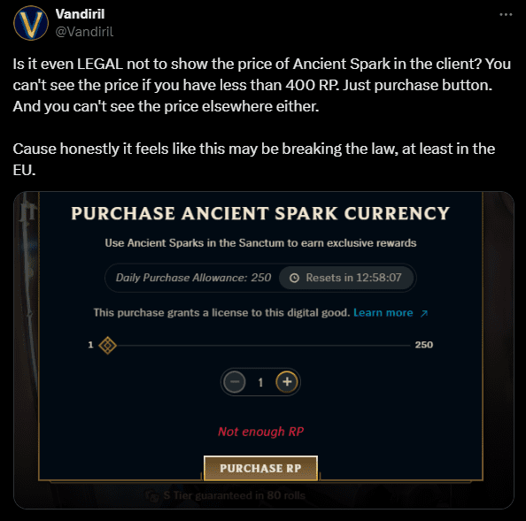 Not disclosing the price of Lõi Ngá»c is a violation of European law. You cannot see the price of this item if the account does not have more than 400RP. Riot's Gacha System continues to attract attention, compared to Genshin Impact - Image 3.
