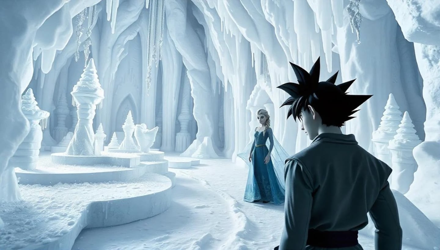 Goku beside Princess Elsa in the Frozen realm. AI-generated Goku as a royal in Disney film - Image 6.