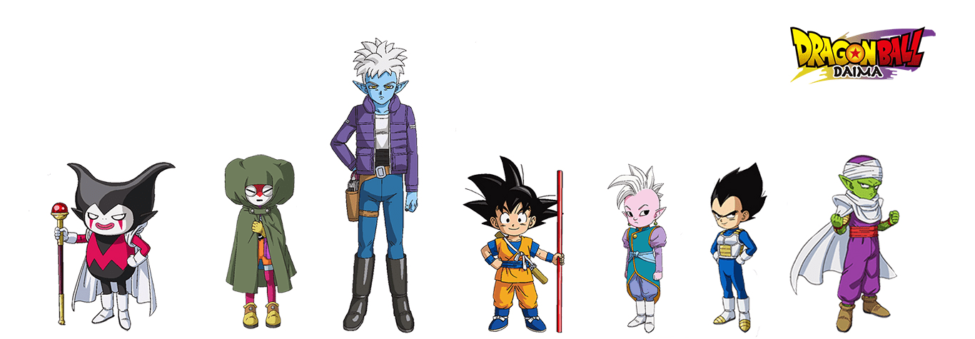 Character Designs for Dragon Ball DAIMA based on Akira Toriyama's designs. From left to right: Gomah, Masked Majin, Glorio, Goku, Supreme Kai, Vegeta, Piccolo. Character Designs for Dragon Ball DAIMA