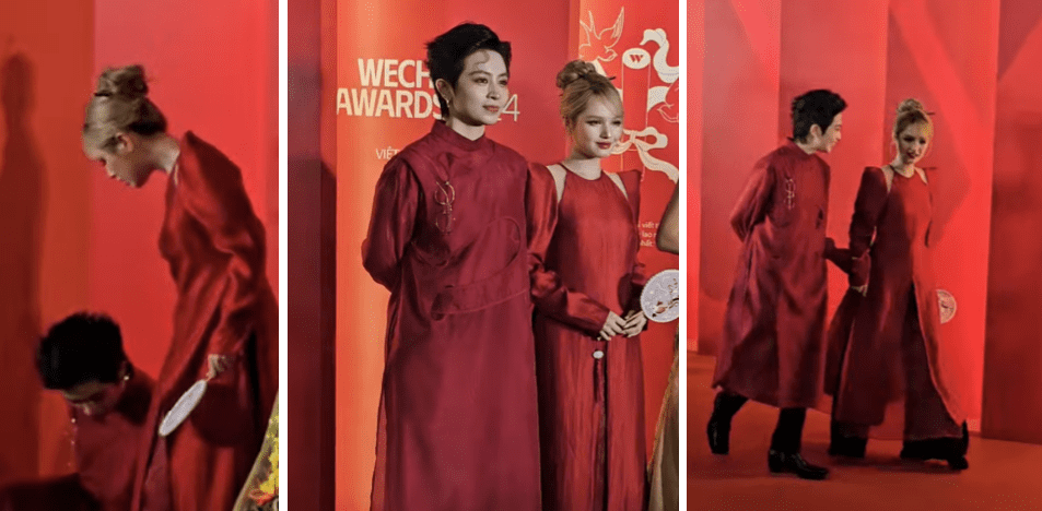 Xoài Non and the new person announcing their intention for a "fun story" on the red carpet of the WeChoice Awards 2024 Gala 2 Xoài Non and Gil Lê