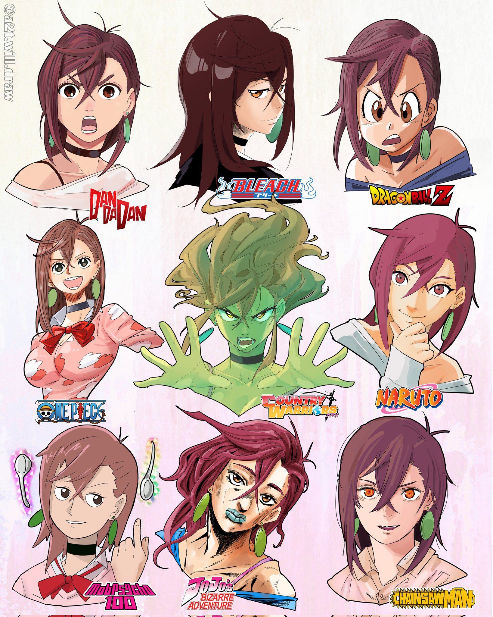 Momo Ayase from Dan Da Dan illustrated in various styles Momo Ayase from Dan Da Dan illustrated in various styles