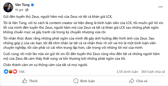 Commentator Van Tung's Apology Post Commentator Van Tung's Apology Post