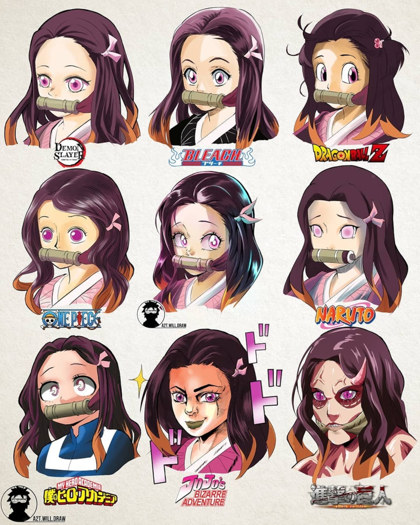 Nezuko from Demon Slayer depicted in various anime/manga styles Nezuko from Demon Slayer depicted in various anime/manga styles