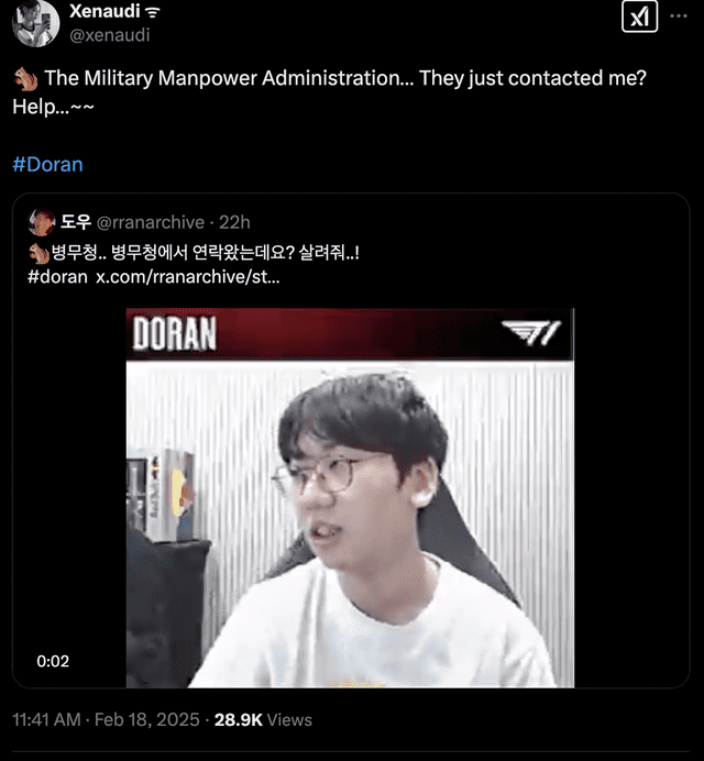 Fans reported that Doran received a call from the Military Manpower Administration during the stream. T1 Superstar Doran Receives Bad News Live on Stream - Image 2.