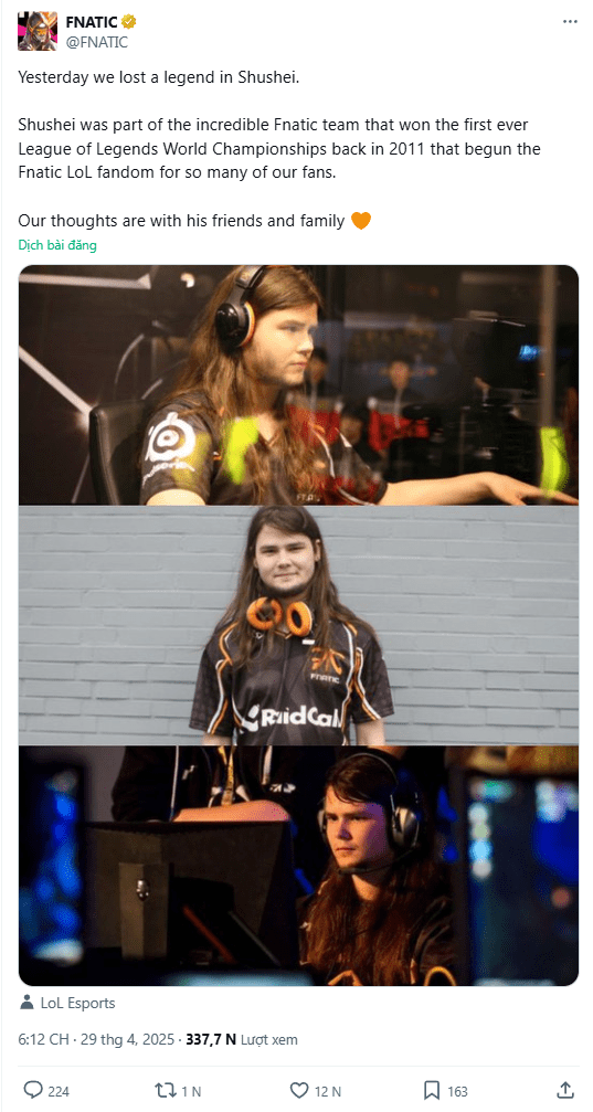 Fnatic's announcement: Yesterday, we mourned the legendary Shushei. He was a member of the iconic Fnatic roster that won the 2011 World Championship and began the legacy of Fnatic in the global arena. We send our deepest condolences to his family and friends. FMVP of the first League of Legends World Championship who passed away due to cancer.