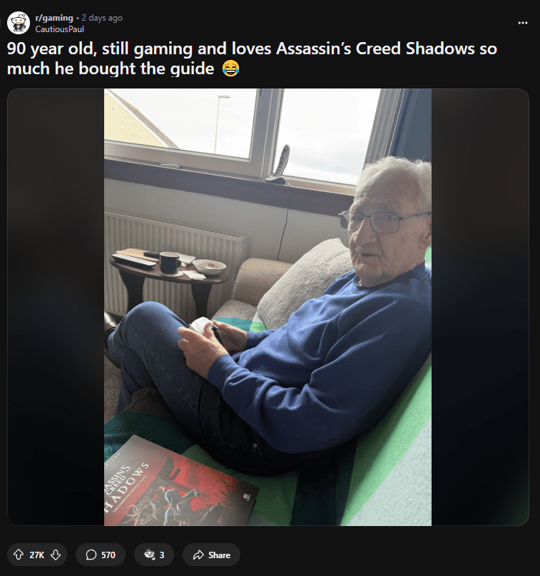 90-year-old gamer has attracted nearly 30,000 interactions on Reddit. 90-year-old gamer has attracted nearly 30,000 interactions on Reddit.