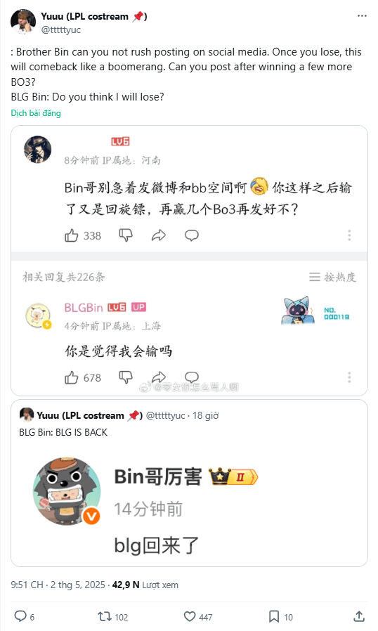 Bin declares 'BLG has returned' Bin declares 'BLG has returned'