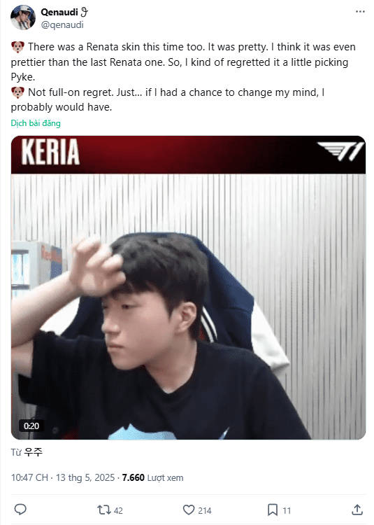 Keria reveals a hint of regret regarding his choice of Pyke during the stream. Keria reveals a hint of regret regarding his choice of Pyke during the stream.