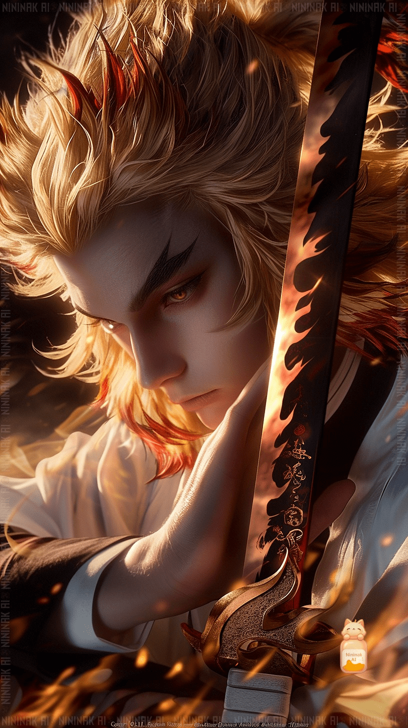 The fiery spirit of Kyojuro Rengoku is beautifully illustrated, showcasing his heroic nature. Kyojuro Rengoku