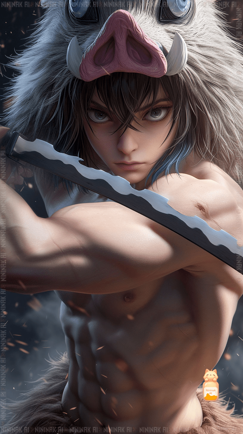 Inosuke's fierce appearance, complete with his boar mask and dual Nichirin swords, is rendered in a strikingly lifelike manner. Inosuke's fierce appearance