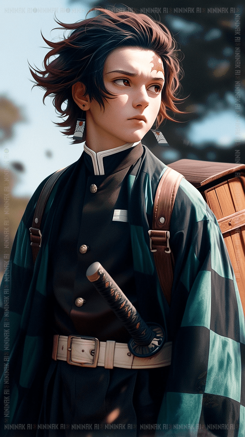 With a starry sky above, Tanjiro stands with his Nichirin sword, determined yet humble, captured in a hyper-realistic version that evokes human emotions and depth. Tanjiro in a hyper-realistic version
