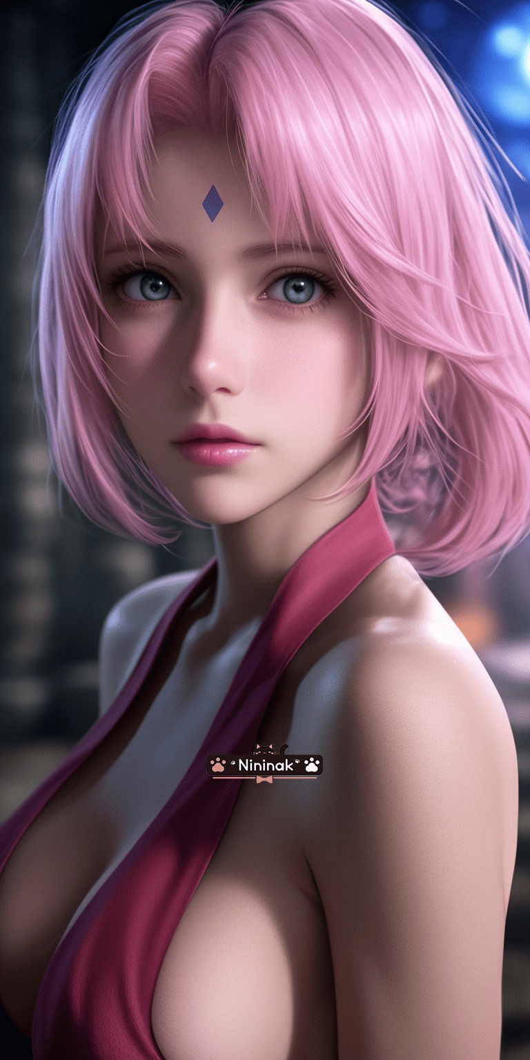 Sakura in a powerful and intelligent form, exhibiting fierce determination typical of a skilled ninja. Sakura in a powerful and intelligent form, exhibiting fierce determination typical of a skilled ninja.