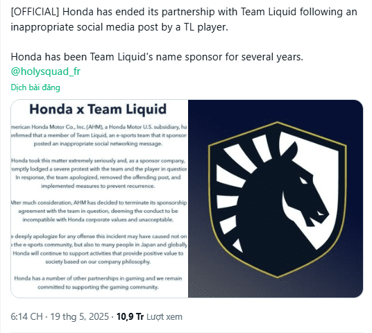 Honda's immediate termination of sponsorship Honda's immediate termination of sponsorship