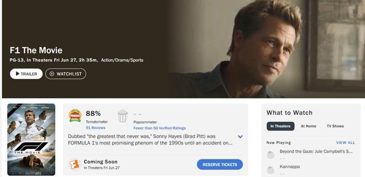 F1 movie review on Rotten Tomatoes. F1 movie review on Rotten Tomatoes.